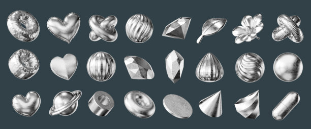 银色物体几何形状套件，孤立背景，3D渲染图片下载