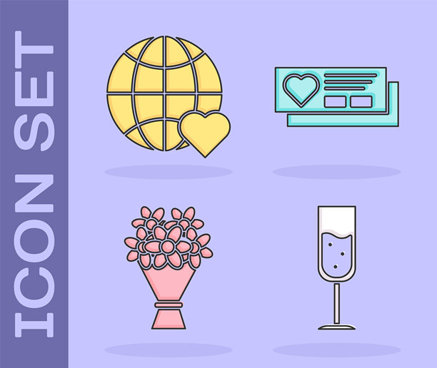 香槟酒杯、爱心世界、鲜花花束和爱心票图标矢量素材图片下载