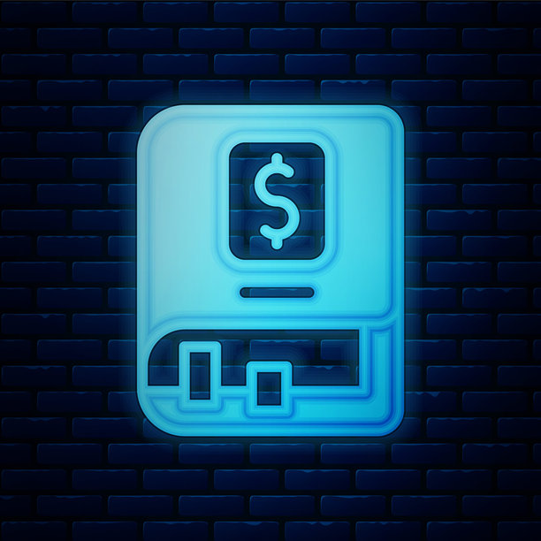 发光的霓虹金融书籍图标，背景为砖墙。图片下载