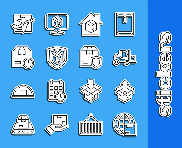 全球运输、开箱、叉车、送货上门、运输安全盾牌、纸箱时钟、飞机纸箱图标矢量素材图片下载