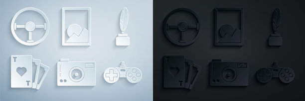 照相机、羽毛墨水、扑克牌、游戏手柄和方向盘图标图片下载