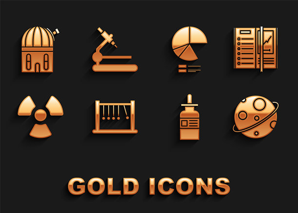 摆锤、笔记本、行星、带滴管的玻璃瓶、放射性物质、饼图、天文台和显微镜图标矢量图图片下载