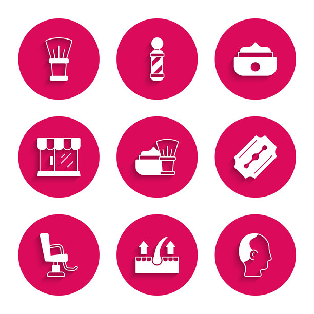 剃须刷与泡沫，人类毛囊，秃顶，刀片剃刀，理发椅，建筑，造型用凝胶蜡和图标。矢量图。图片下载