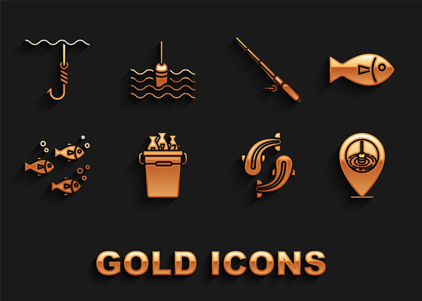 装鱼的渔桶、钓鱼地点、鱼竿、水下鱼钩和漂浮物图标矢量素材图片下载
