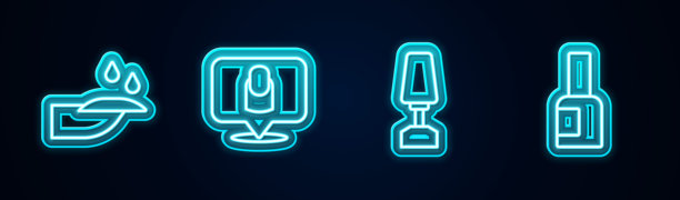 指甲修饰工具，包括指甲修剪、磨刀器和指甲油瓶。发光的霓虹图标。矢量图。图片下载