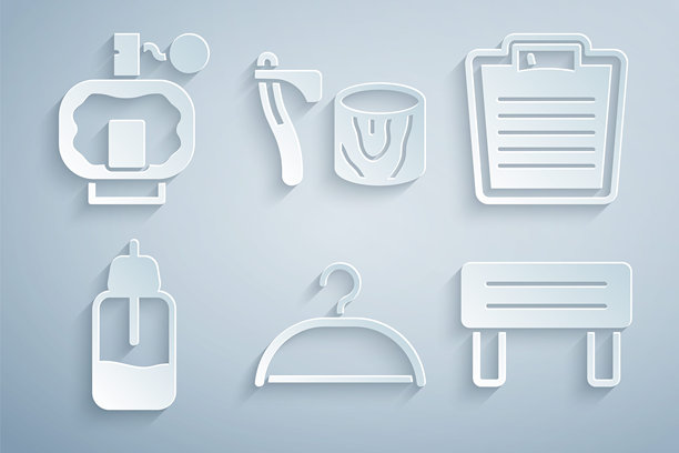 衣架衣柜、浴室秤、精油瓶、桑拿木凳、木制斧头桩和须后水图标矢量素材图片下载