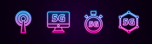 设置线性天线、5G网络监视器、数字速度计和发光霓虹图标。矢量图。图片下载