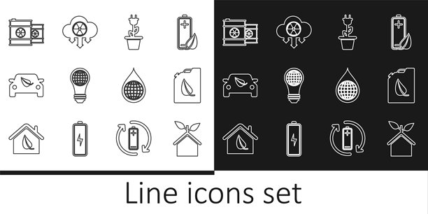 生态友好房屋、带世界地球仪的灯泡、汽车驱动叶子、放射性废料桶、地球水滴和酸雨云图标矢量素材图片下载