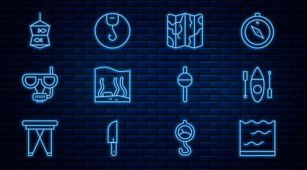 水族馆、皮划艇或独木舟、折叠地图、潜水面罩和呼吸管、带鱼的渔网、浮标和钩子图标。矢量图。图片下载