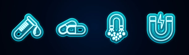 试管中有一滴血，药丸或药片，磁铁、钱和闪电。发光的霓虹图标。矢量图。图片下载