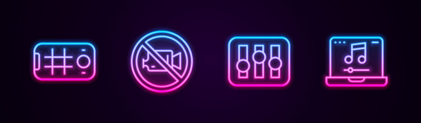 手机自拍、禁止录像、混音控制器和音乐笔记本电脑发光图标组合图片下载