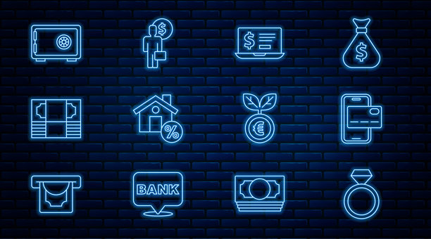 钻石订婚戒指，移动银行，带美元的笔记本电脑，房屋折扣，纸币现金堆，保险箱，欧元植物和商务人士规划思维图标。矢量图。图片下载