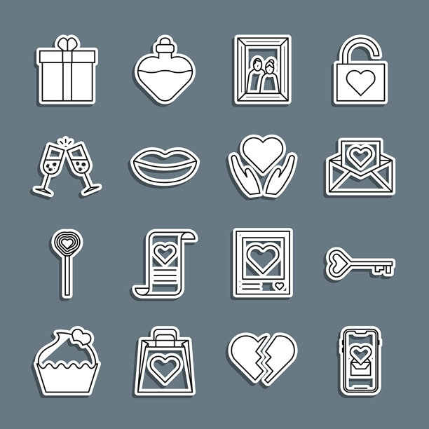 手机设置线条与心形，钥匙形状，情人节信封，照片框，微笑的嘴唇，香槟杯，礼品盒和心形手图标。矢量图。图片下载