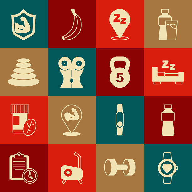 智能手表、水瓶、睡觉时间、困倦、女性腰部、堆叠热石、健美运动员肌肉和重量图标。矢量图。图片下载
