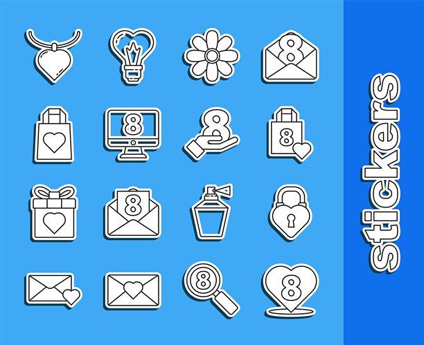 3月8日心形、城堡心形、购物袋、鲜花、显示器、项链吊坠和手部图标矢量素材图片下载