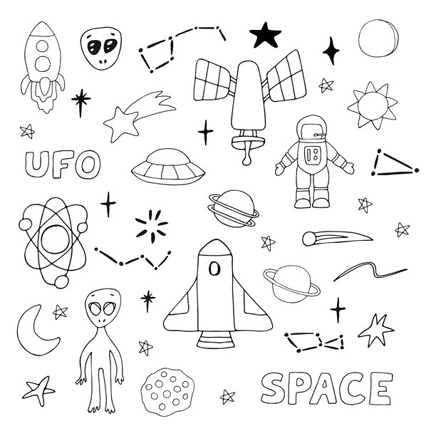 明亮太空集合：包含星系、奇幻涂鸦等元素的太空向量素材，一组独立白色背景的太空贴纸矢量插画图片下载