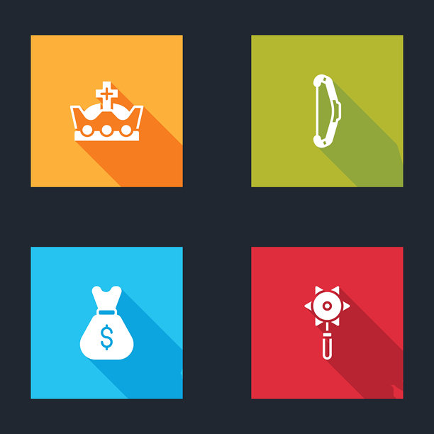 国王王冠、中世纪弓、旧钱袋和链枷球图标矢量素材图片下载