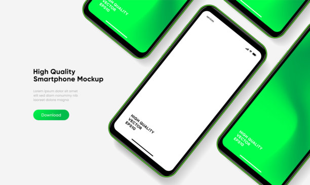 真实的智能手机模型。带有白色背景的手机矢量图。设备正面视图。带阴影的3D手机。高质量的真实智能手机模型，适用于UI/UX演示。图片下载