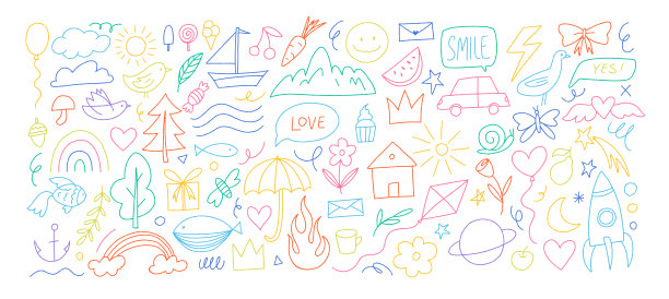 色彩丰富的可爱儿童涂鸦元素集合。云彩、彩虹、树、房子、太空。手绘涂鸦草图儿童元素套装。简单的线条风格儿童物体。现代矢量套装。图片下载