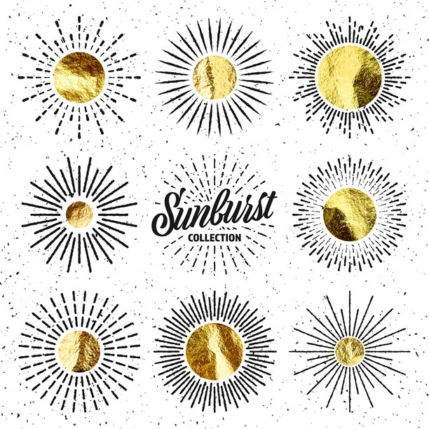 复古日落光束背景，金色箔片手工圆圈图案，矢量素材图片下载