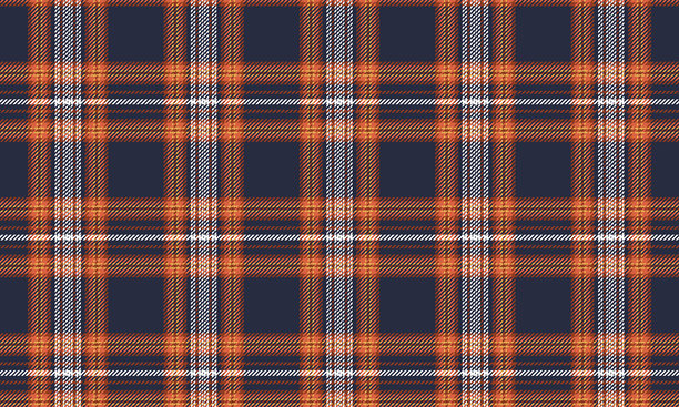 格子布料图案，深蓝色、橙色、白色，优雅，无缝，适用于纺织品和服装设计，如裙子、裤子或装饰性面料。矢量插图。图片下载