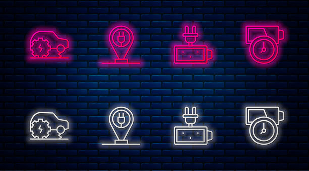 成套线条充电停车电动汽车、电池充电、电力服务和发光霓虹灯图标砖墙背景矢量素材图片下载