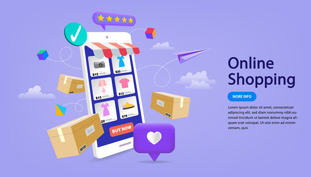 在线购物。消费者视角，选择并购买电子商务市场上的时尚商品，电脑屏幕概念。女性在手机上愉快地购物。数字营销。矢量图。图片下载