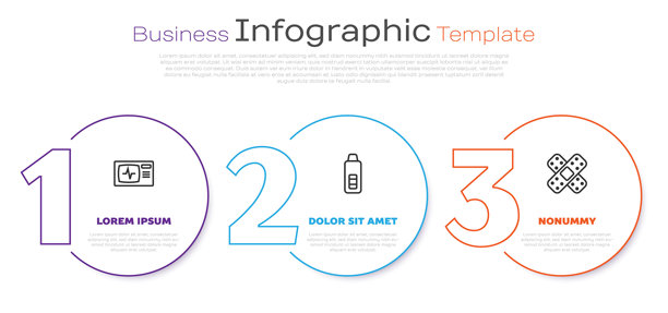 带心电图的线监测仪、数字温度计和交叉绷带创可贴的商业信息图表模板。矢量图。图片下载