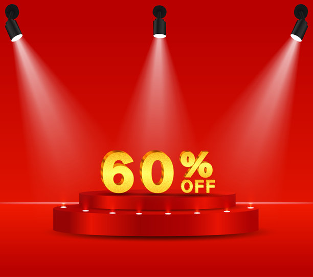 60%黄金折扣。3D金色数字。红色背景和反射灯光的讲台。图片下载