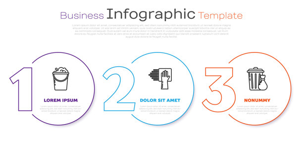 设置带泡沫和气泡的桶，清洁服务和垃圾桶及垃圾袋。商业信息图模板。矢量图。图片下载