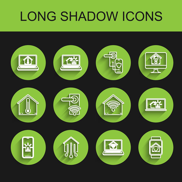 智能房屋报警手机、智能家居、笔记本电脑温度、Wi-Fi、受保护的手表、无线数字门锁和图标矢量素材图片下载