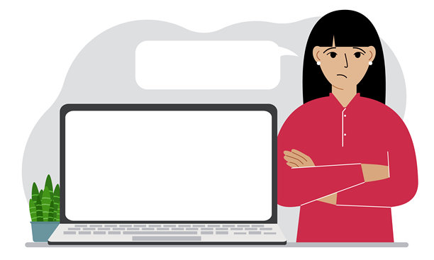 抱臂女人笔记本旁站立对话框扁平插画图片下载