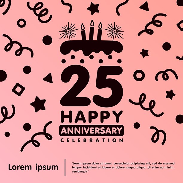 25周年纪念庆祝徽章。快乐的周年纪念标志，独立的生日蛋糕和蜡烛，配有五彩纸屑线条涂鸦，背景为粉色柔和色调。适用于网页、传单、海报和贺卡的矢量插图设计模板。图片下载