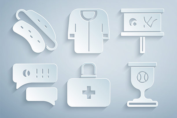 急救箱、规划策略、棒球语音气泡聊天、奖杯、棒球T恤和热狗三明治图标矢量素材图片下载