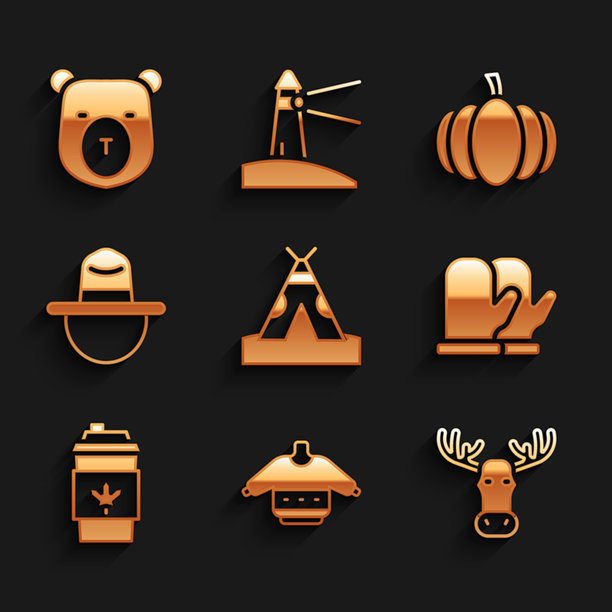 印度帐篷或小屋，圣诞毛衣，带角的驼鹿头，手套，外带咖啡杯，加拿大游侠帽，南瓜和熊图标。矢量图。图片下载