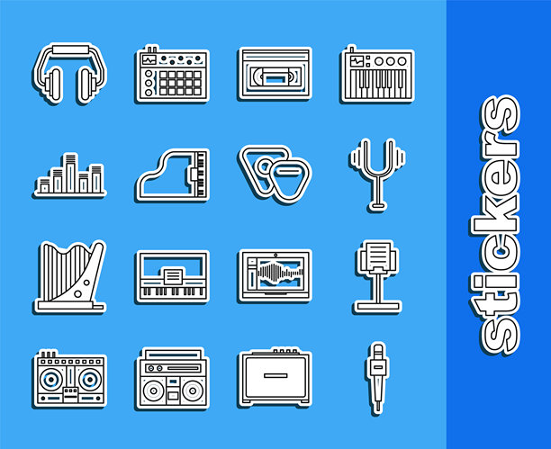 麦克风、乐谱架、音叉、VHS录像带、三角钢琴、均衡器、耳机和吉他拨片图标矢量素材图片下载