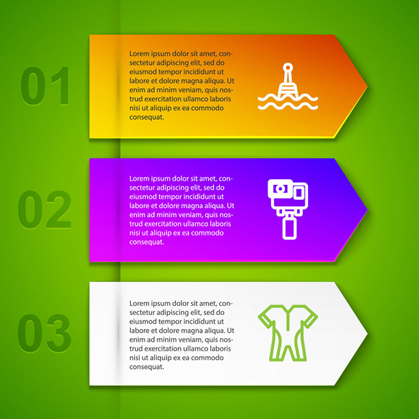 漂浮浮标、极限运动相机和潜水服图标组合。商务信息图表模板矢量图图片下载