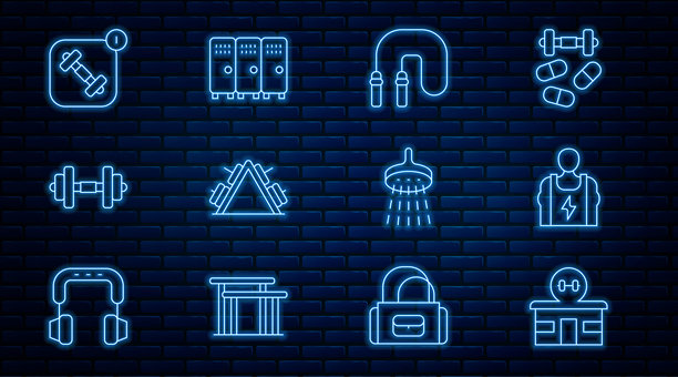健身房建筑，健美运动员，跳绳，金属重物架，哑铃，健身应用，淋浴和更衣室图标。矢量图。图片下载