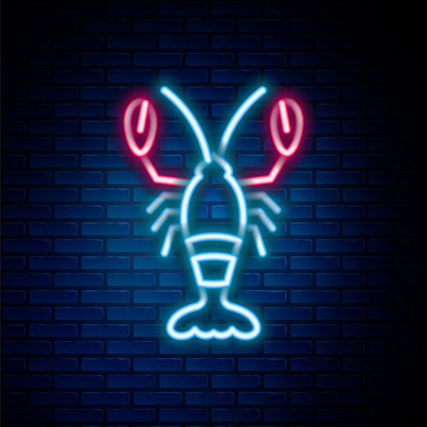 霓虹灯龙虾轮廓线，砖墙背景矢量素材图片下载