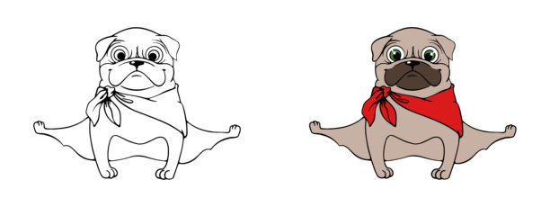 可爱的米色巴哥犬戴着头带做劈叉的涂色页。搞笑的狗狗在跳嘻哈舞。适合儿童的涂色书的矢量插图，简单轮廓和色彩丰富的图画，背景独立。图片下载