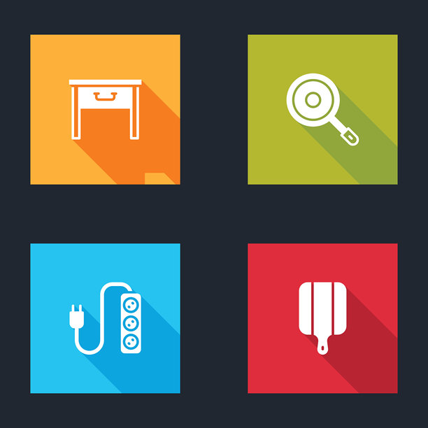 家具图标：床头柜、煎锅、电源延长线和切菜板。矢量图。图片下载