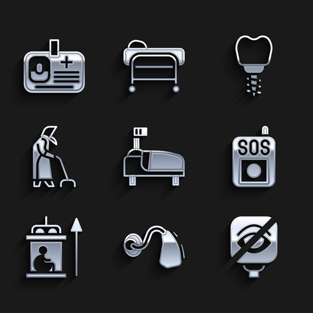 医院床、助听器、失明、按下SOS按钮、残疾人电梯、祖母、牙齿植入物和身份证图标。矢量图。图片下载
