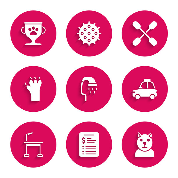 宠物洗澡、宠物美容沙龙价格表，猫，出租车，美容台，爪印，耳朵棉签和奖杯图标。矢量图。图片下载