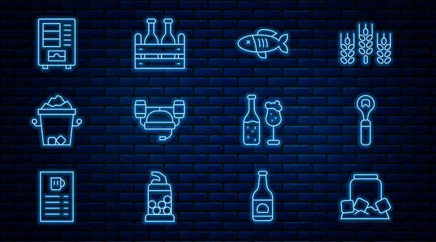 冰镇啤酒罐、开瓶器、鱼干、啤酒头盔等图标矢量素材图片下载