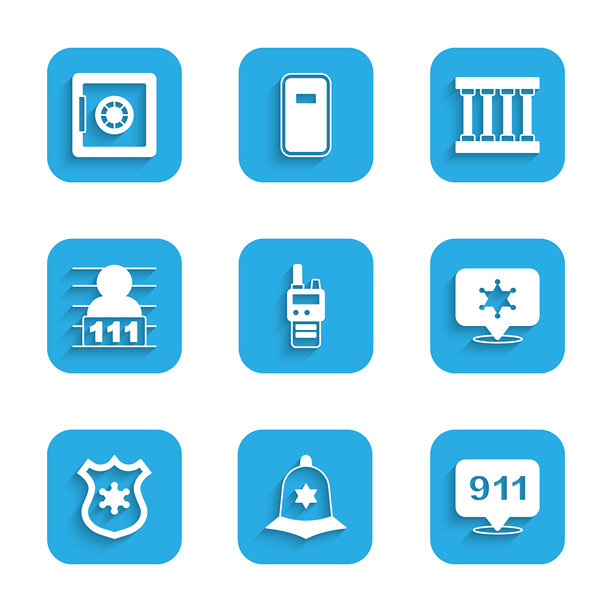 对讲机、英国警察头盔、911电话、六角警长、警察徽章、嫌疑犯、监狱窗户和保险箱图标矢量集图片下载