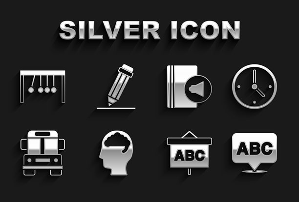 人脑、时钟、字母表、黑板、校车、有声读物、摆锤和带橡皮擦的铅笔图标矢量素材图片下载