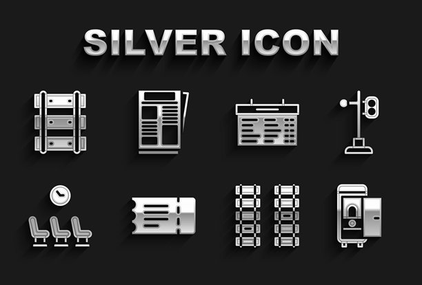 火车票、交通灯、火车卫生间、铁路轨道、候车室、站牌和新闻图标矢量素材图片下载