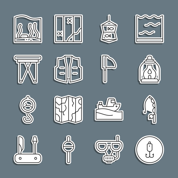 鱼钩、鱼竿、露营灯笼等矢量图标素材图片下载