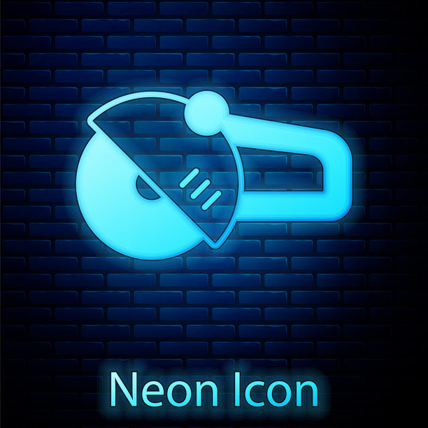 发光的霓虹角磨机图标，背景为砖墙。矢量图。图片下载