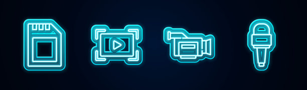 设置线SD卡、在线视频播放、电影摄像机和麦克风。发光霓虹图标。矢量图。图片下载